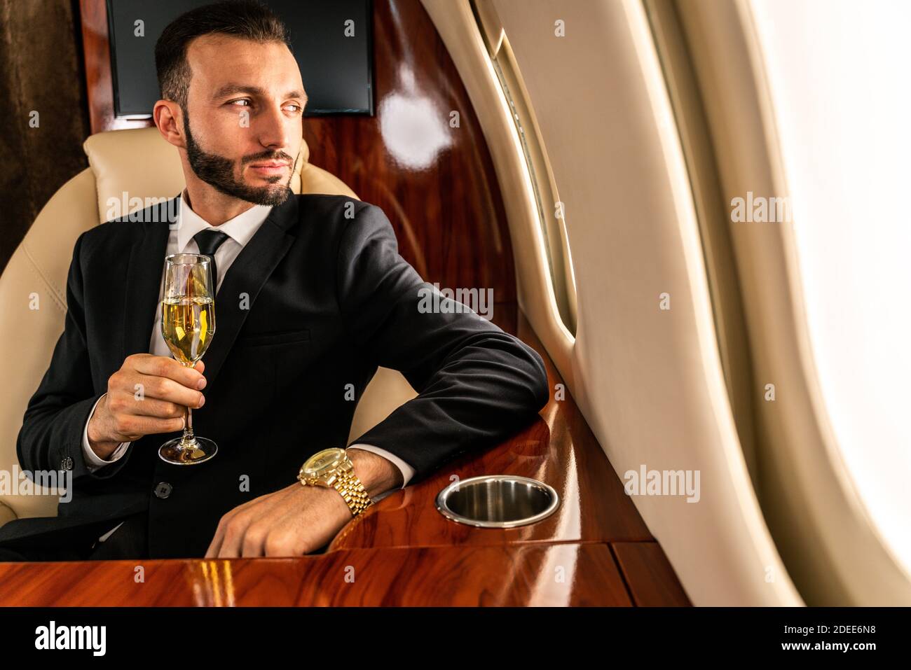 Handsome businessman wearing elegant suit flying on exclusive private