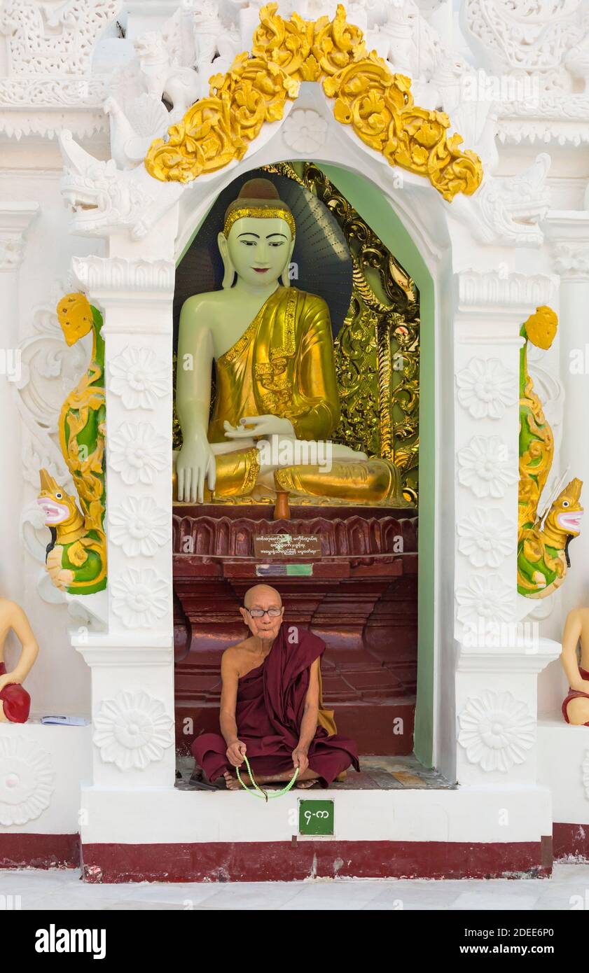 Buddhist monk sitting in front of Buddha shrine at Shwedagon Pagoda, Yangon, Myanmar (Burma), Asia in February Stock Photo