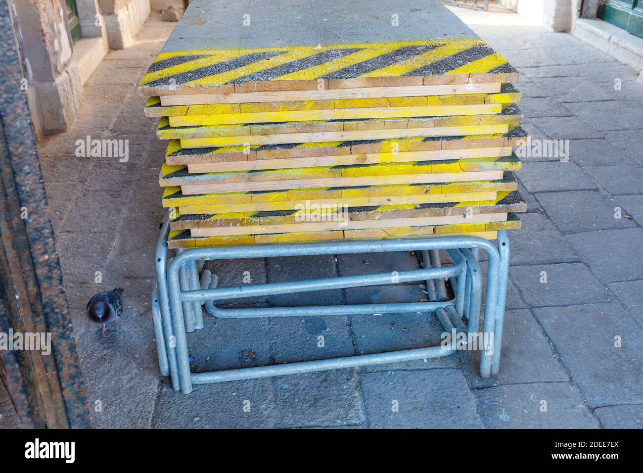 Raised Walkway Platforms Ready for Floods in Venice Stock Photo