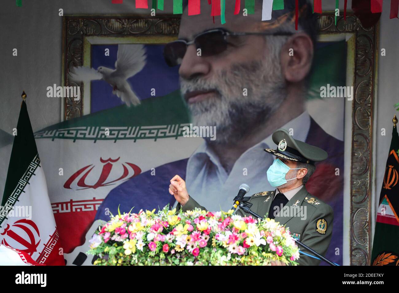 Tehran, Iran. 30th Nov, 2020. A handout photo made available by the Iranian defense ministry office shows Defense Minister Gen. Amir Hatami speaking during funeral of slain Iranian nuclear scientist Mohsen Fakhrizadeh inside the Iranian defense ministry in Tehran, Iran, Monday, November 30. 2020. Iranian officials have blamed Israel for the killing of Fakhrizadeh who led Tehran's disbanded military nuclear program. Photo by Iranian Defense Ministry/UPI Credit: UPI/Alamy Live News Stock Photo