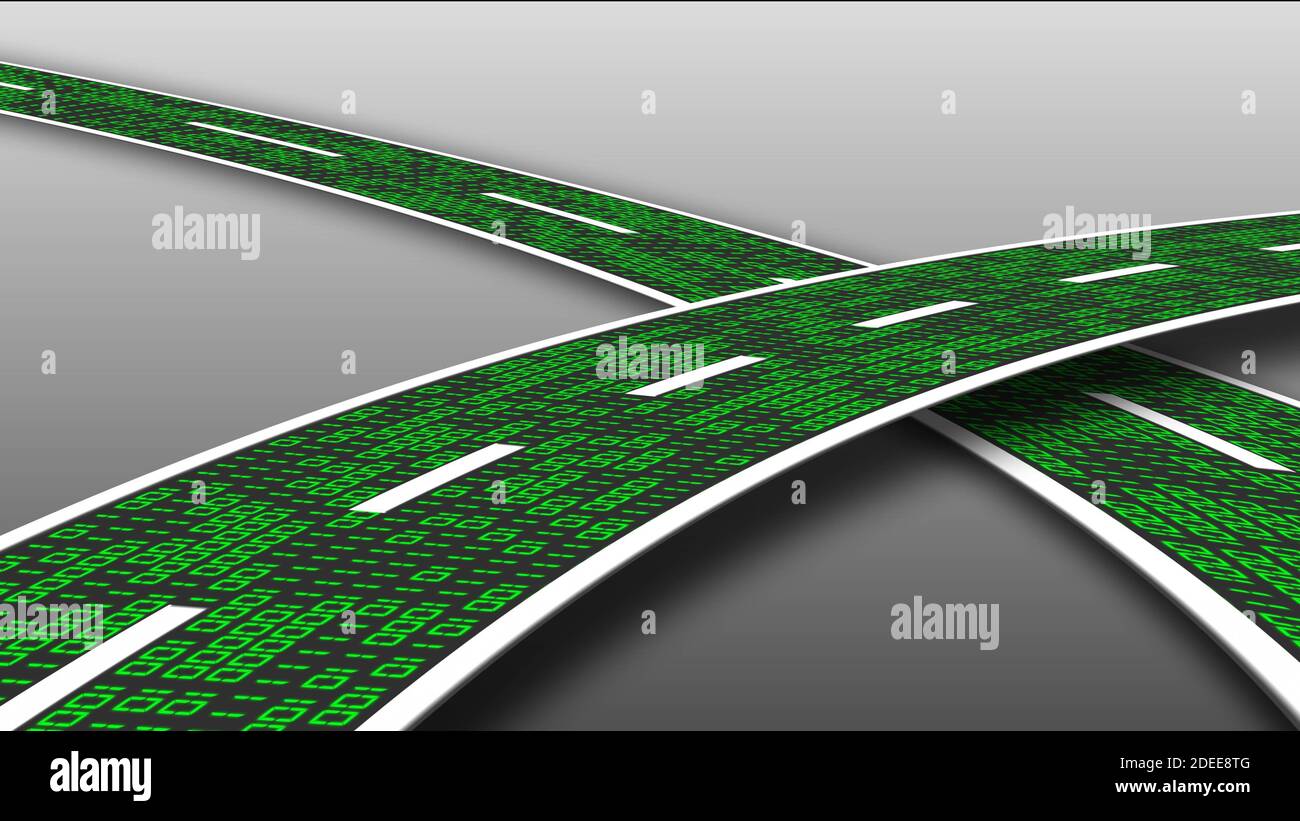 Digital data streaming on a highway - series of digits binary code in green on grey background - abstract 3D-illustration Stock Photo