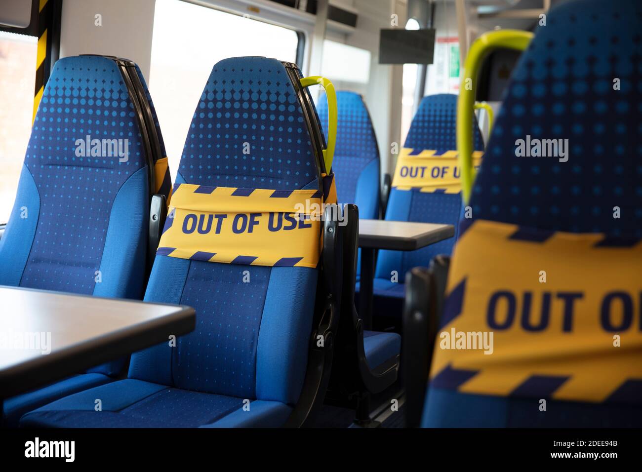 Northern England, United Kingdom, June 2020, a view of social distancing measures on a Northern Rail train service Stock Photo