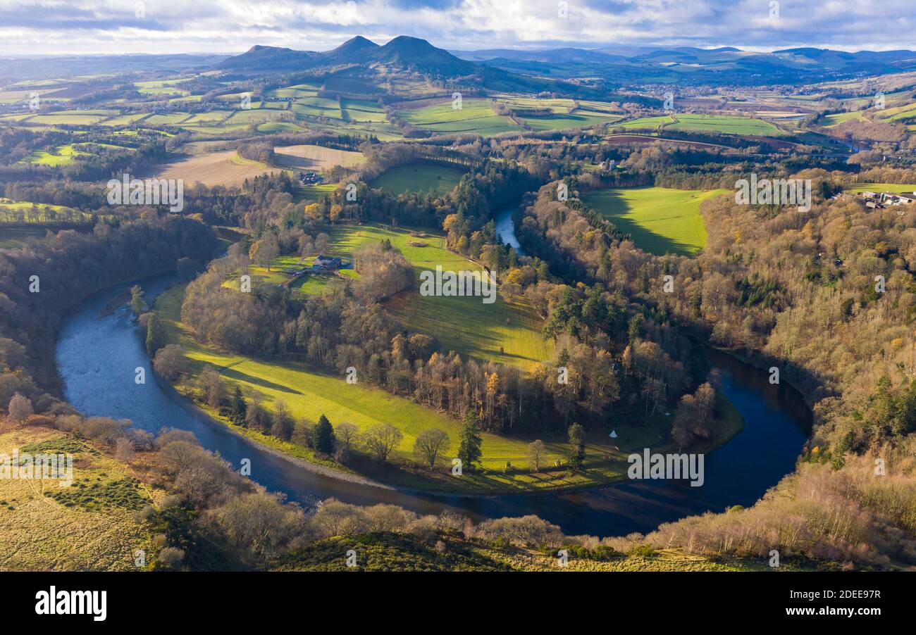 Aerial view of River Tweed and Eldon Hills from ScottÕs view in the Scottish Borders, Scotland, UK Stock Photo