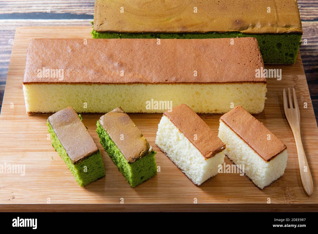 sponge cake with matcha and honey, japanese sweets, honey castella cake