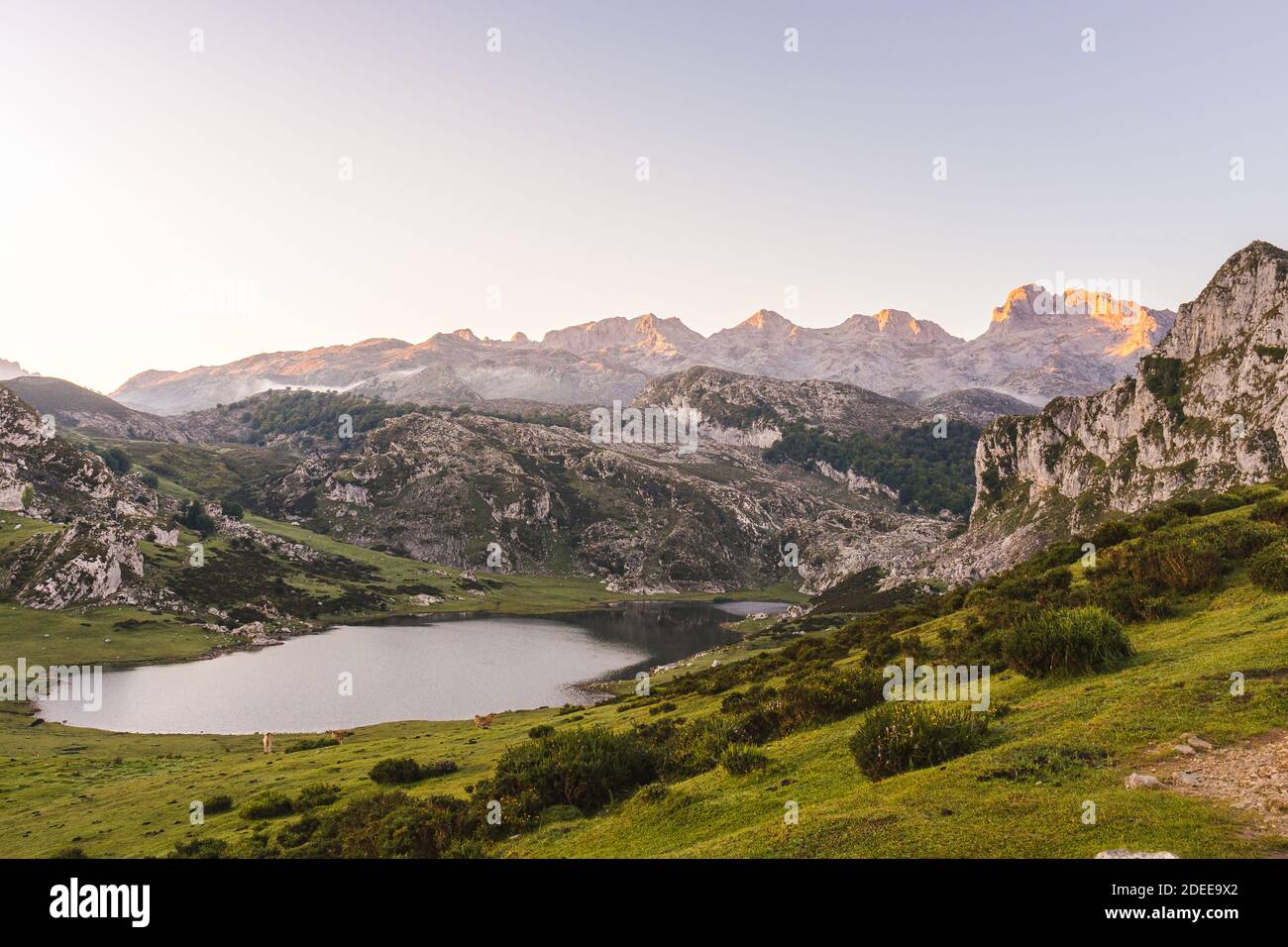 A high angle shot of lake Ercina surrounded by rocky mountains Stock ...