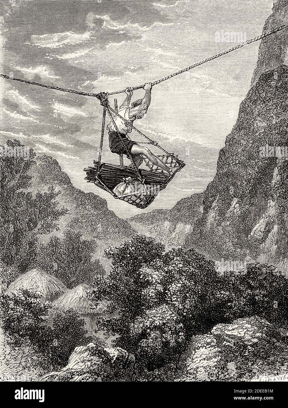 Aerial bridge. Rudimentary cable car above a Japanese valley, Japan. Old 19th century engraved illustration Travel to Japan by Aime Humbert  from El Mundo en La Mano 1879 Stock Photo