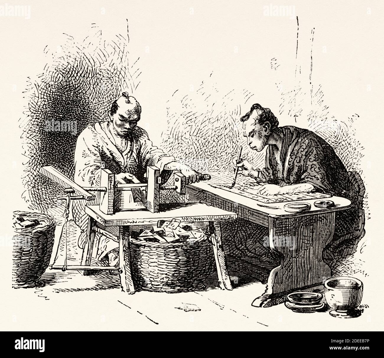 Japanese Crafts. Business card makers, Japan. Old 19th century engraved illustration Travel to Japan by Aime Humbert  from El Mundo en La Mano 1879 Stock Photo