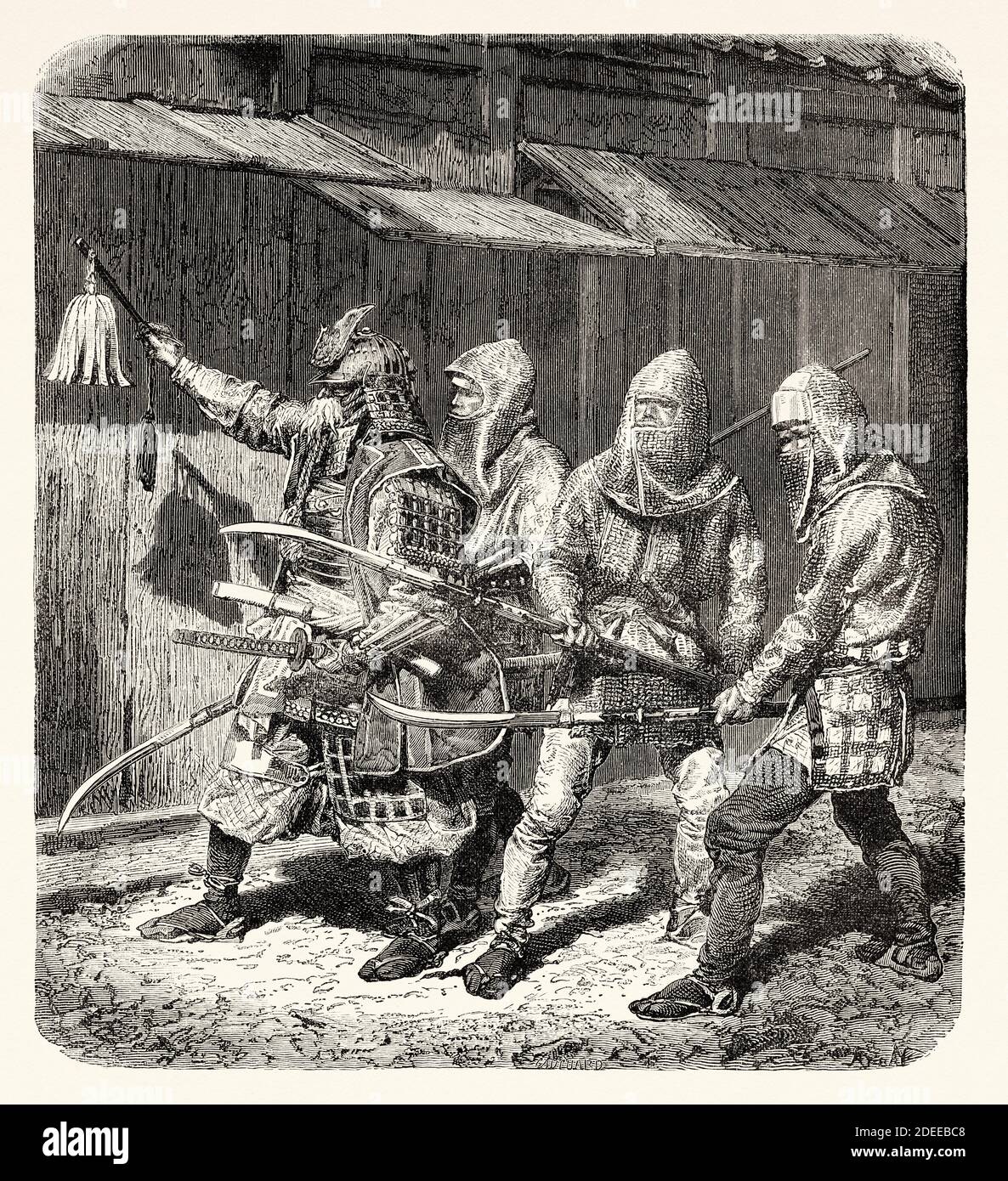 Japanese officer and soldiers during the 13th century civil wars, Japan. Old 19th century engraved illustration Travel to Japan by Aime Humbert  from El Mundo en La Mano 1879 Stock Photo