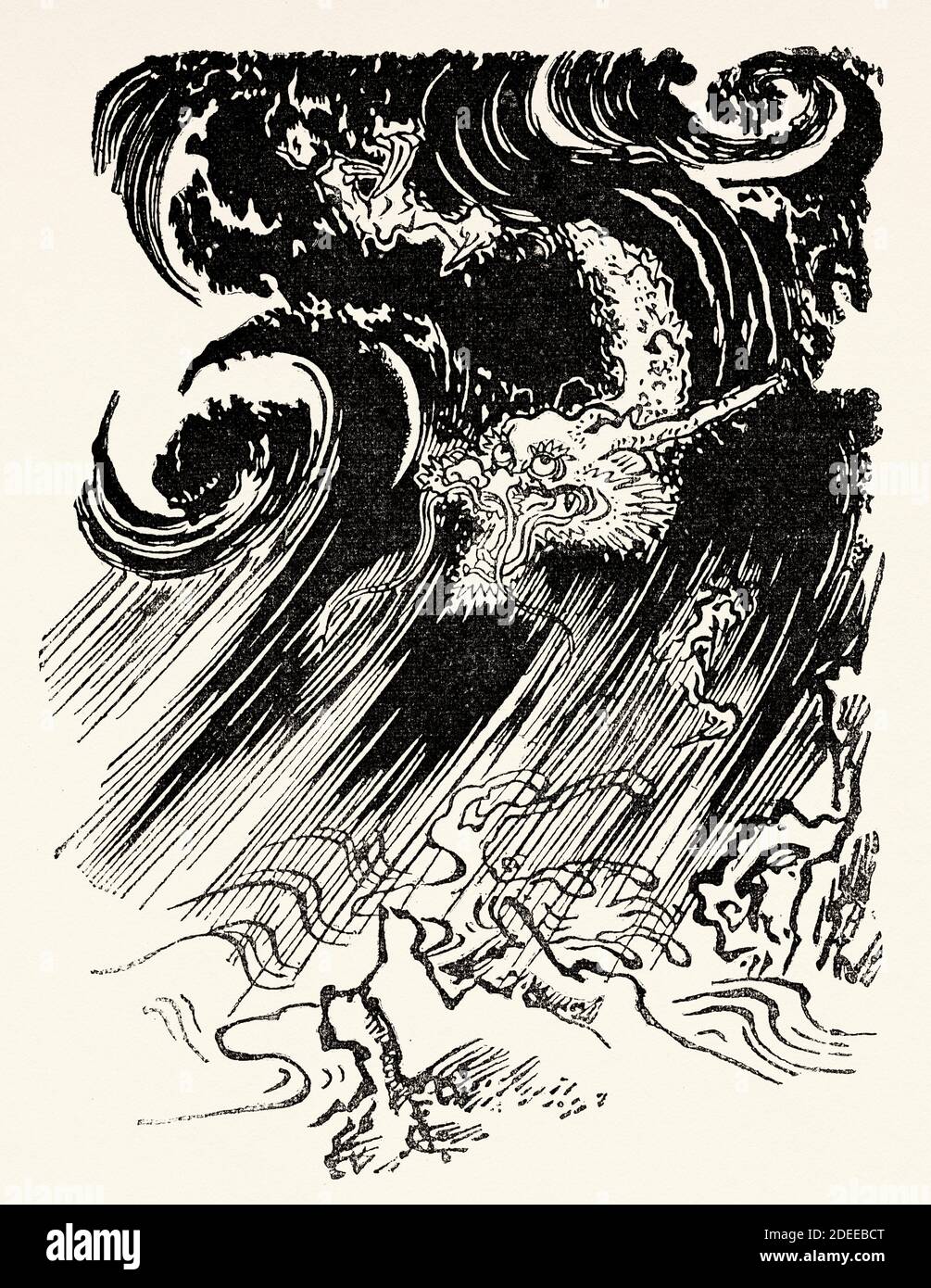Ryujin or Ryojin. Dragon God, also known as Owatatsumi, is the tutelary deity of the sea in Japanese mythology. This Japanese dragon symbolized the power of the ocean, it had a large mouth and was able to transform into a human form, Japan. Old 19th century engraved illustration Travel to Japan by Aime Humbert  from El Mundo en La Mano 1879 Stock Photo