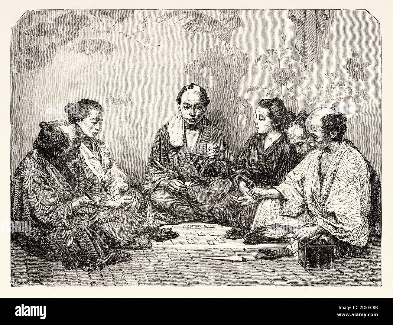 Japanese people playing a game, Tokyo, Japan. Old 19th century engraved illustration Travel to Japan by Aime Humbert  from El Mundo en La Mano 1879 Stock Photo