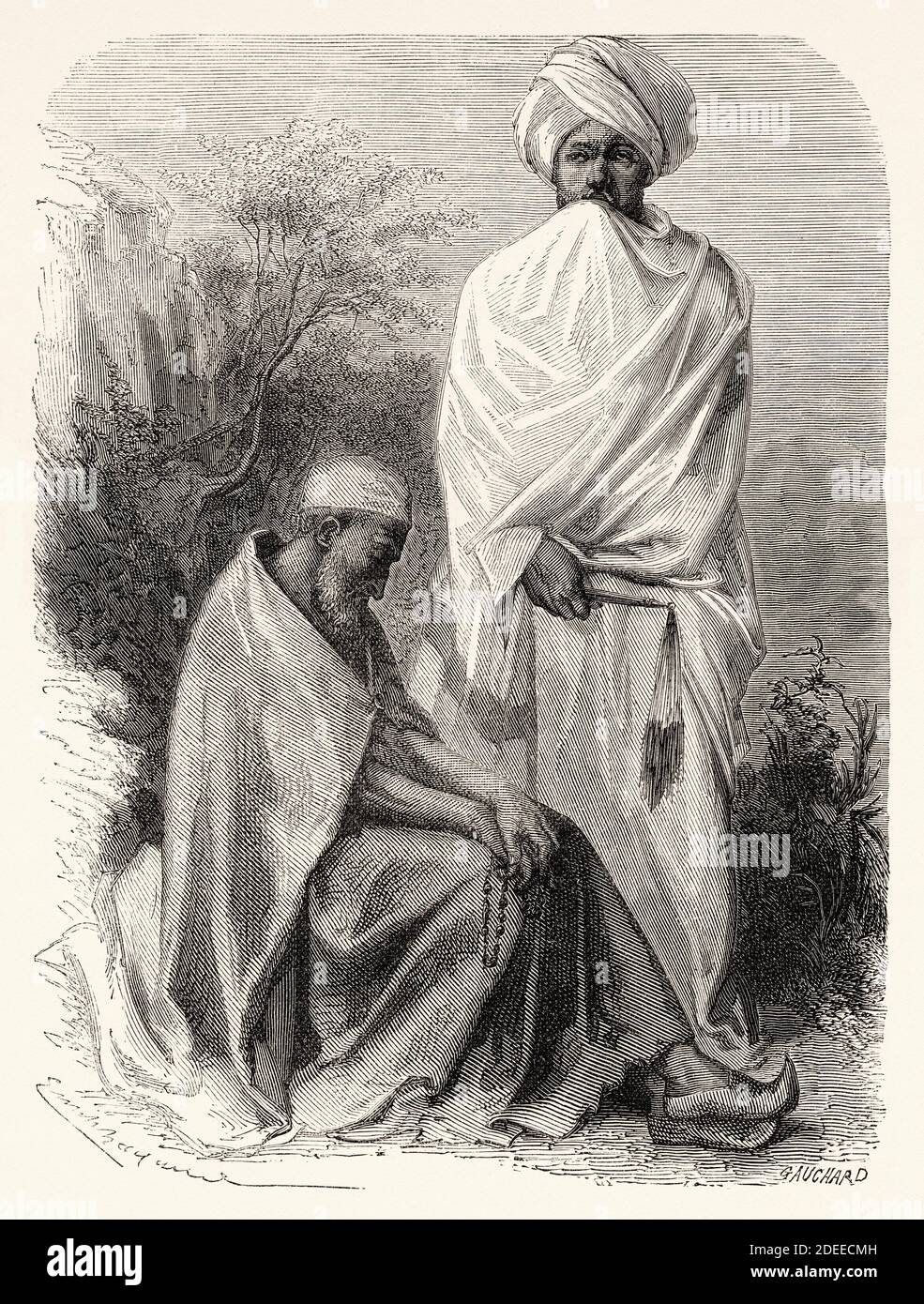 Two Abyssinian monks, Ethiopia. Old 19th century engraved, Narrative of 