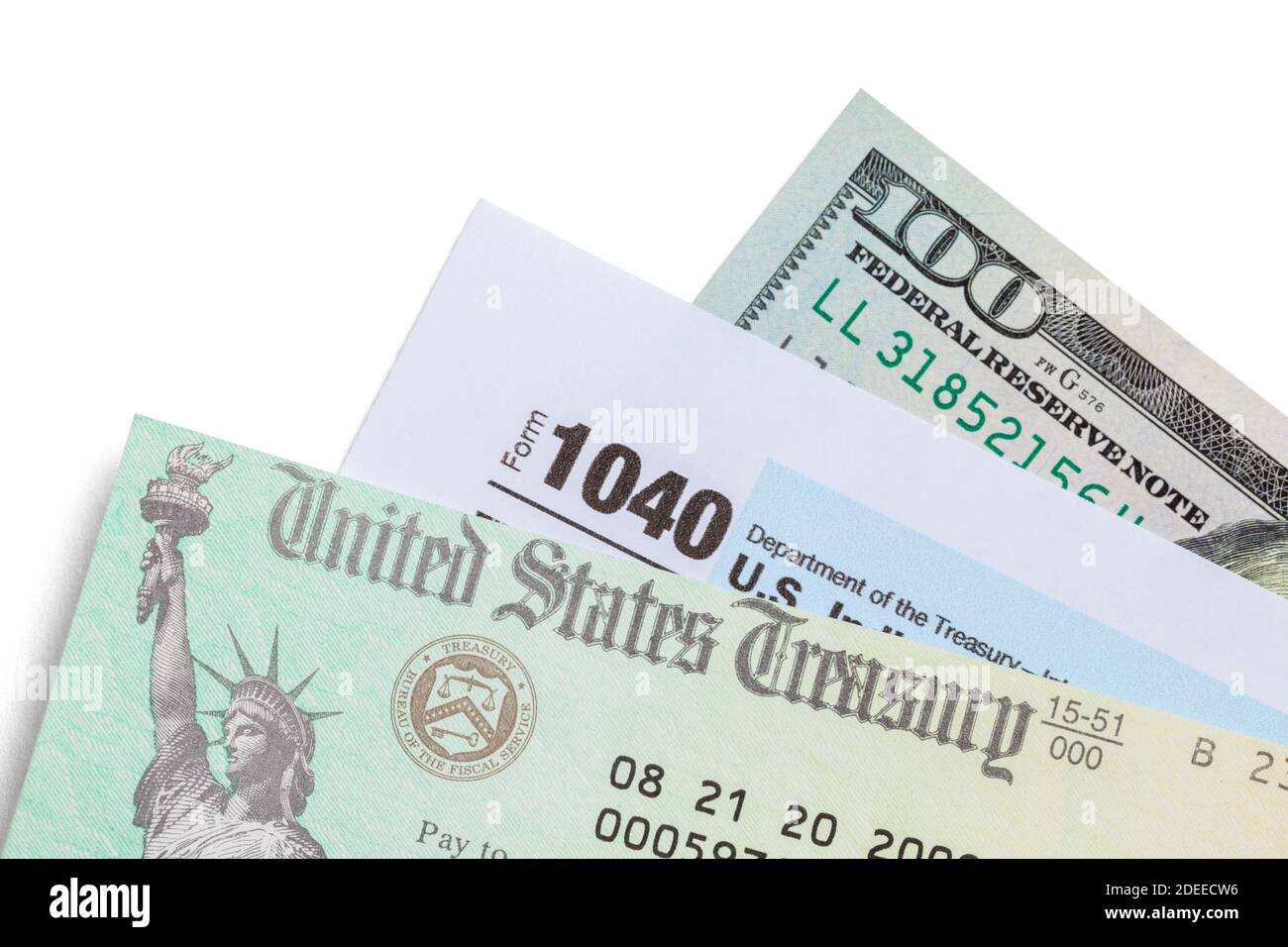 Tax Refund Check with Form 1040 and One Hundred Dollar Bill. Stock Photo