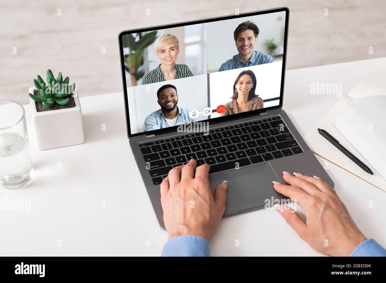 Business Woman Making Video Call Using Laptop Working From Home Stock