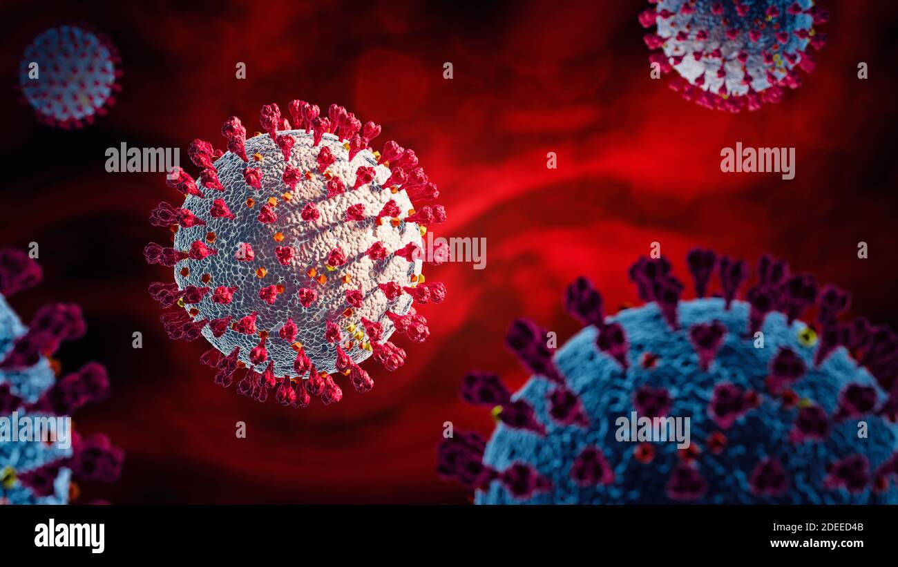 Coronavirus Covid-19 Banner red background - 3d Illustration Stock Photo