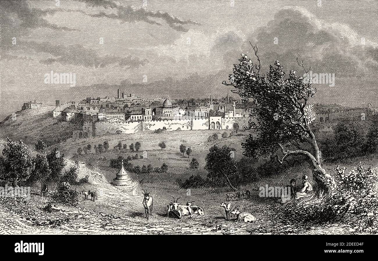 Panoramic view of Jerusalem from the Mount of Olives, Palestine, Israel. Old 19th century engraved illustration Travel to Jerusalem by Alphonse de Lamartine from El Mundo en La Mano 1879 Stock Photo