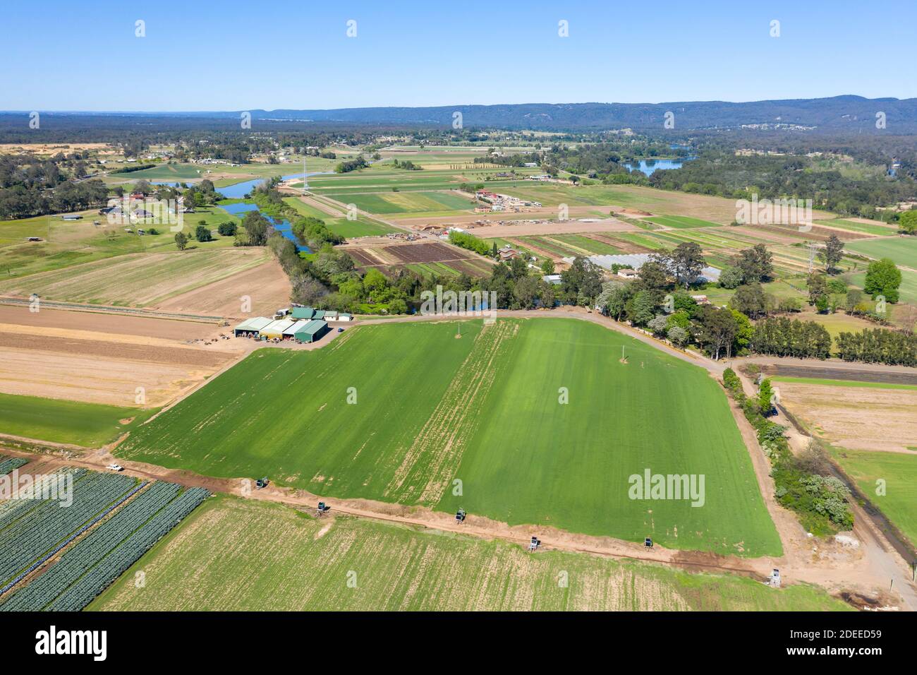 Aerial view of turf farms and agricultural farmland in regional New South Wales in Australia Stock Photo