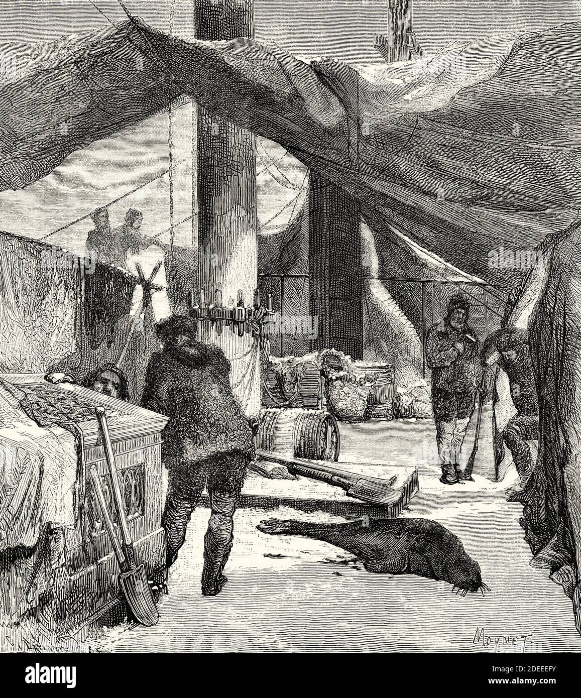 The crew of the Germania preparing to winter. Old 19th century engraved illustration. Second German North Polar Expedition in 1869 from El Mundo en La Mano 1879 Stock Photo