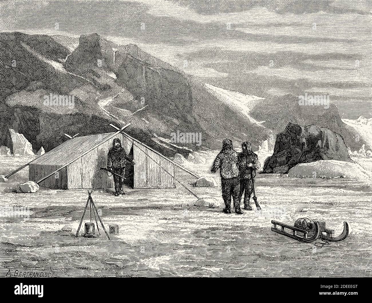 Camp of the crew of the Germania. Old 19th century engraved illustration. Second German North Polar Expedition in 1869 from El Mundo en La Mano 1879 Stock Photo