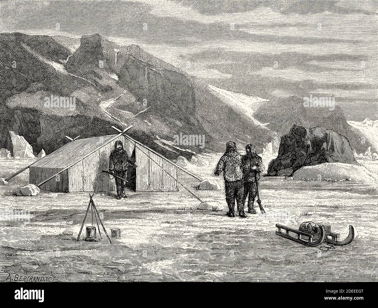 Camp of the crew of the Germania. Old 19th century engraved ...