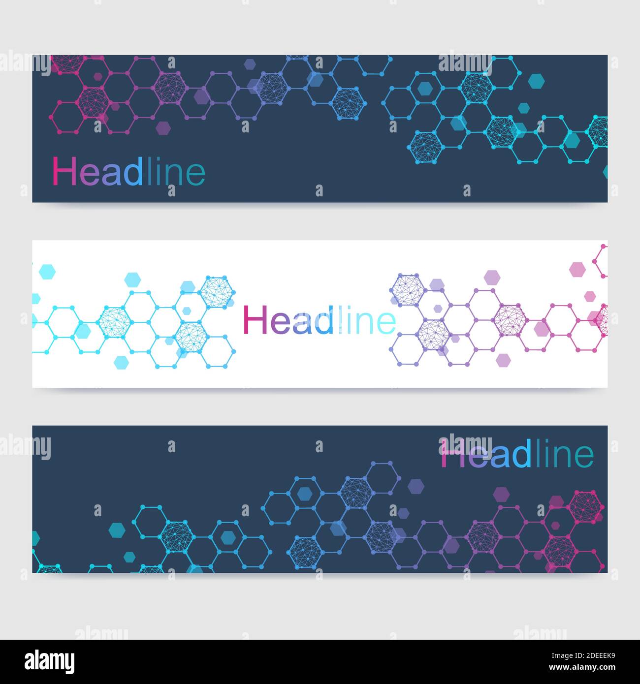 Scientific set of modern vector banners. DNA molecule structure with connected lines and dots. Scientific and technology concept. Wave flow graphic Stock Vector