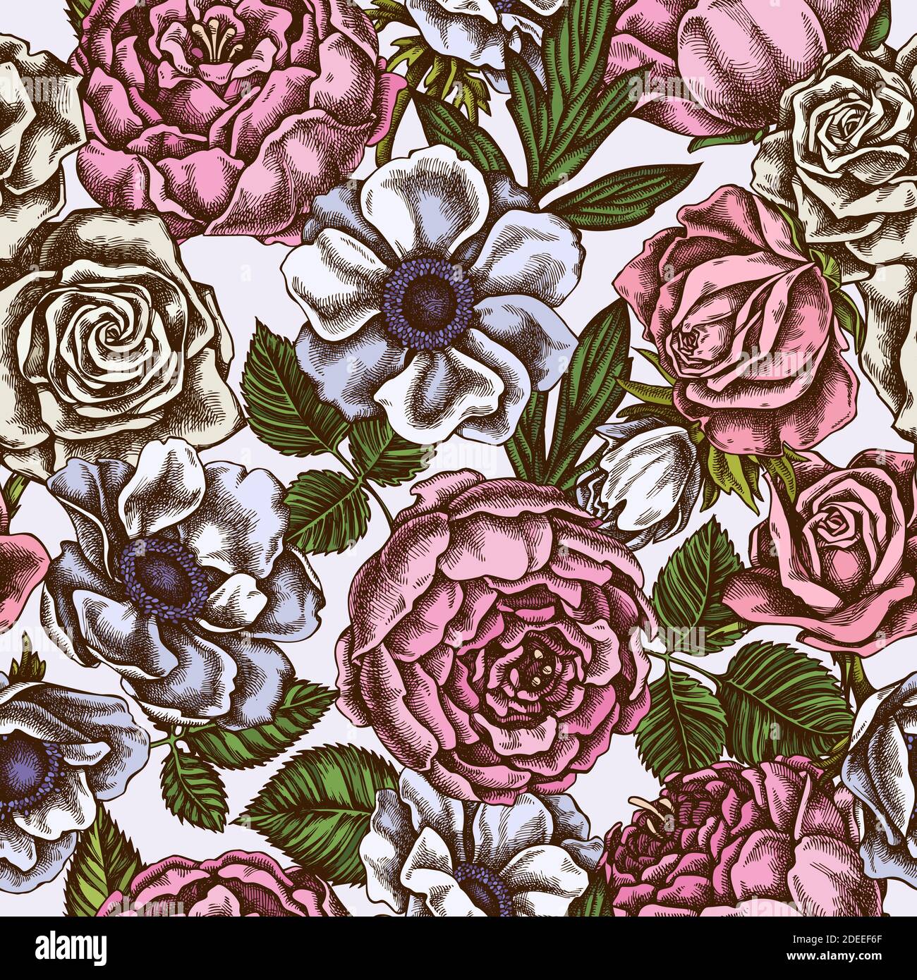 Seamless pattern with hand drawn colored roses, anemone, peony Stock Vector