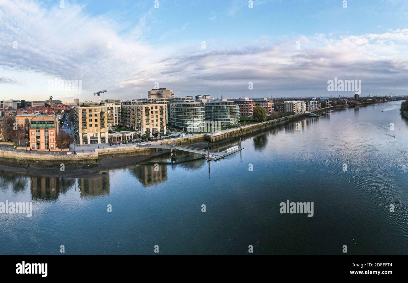 Hammersmith London Aerial view of Fulham Reach riverside property development in west London