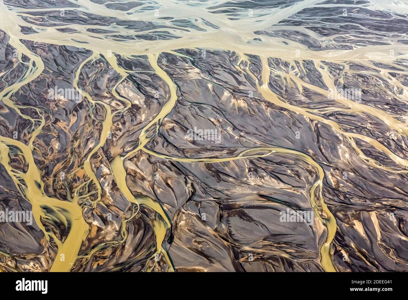 Aerial view over the Markarfljot river delta, sandur plain, formed of glacial sediments deposited by meltwater outwash in summer, Iceland Stock Photo