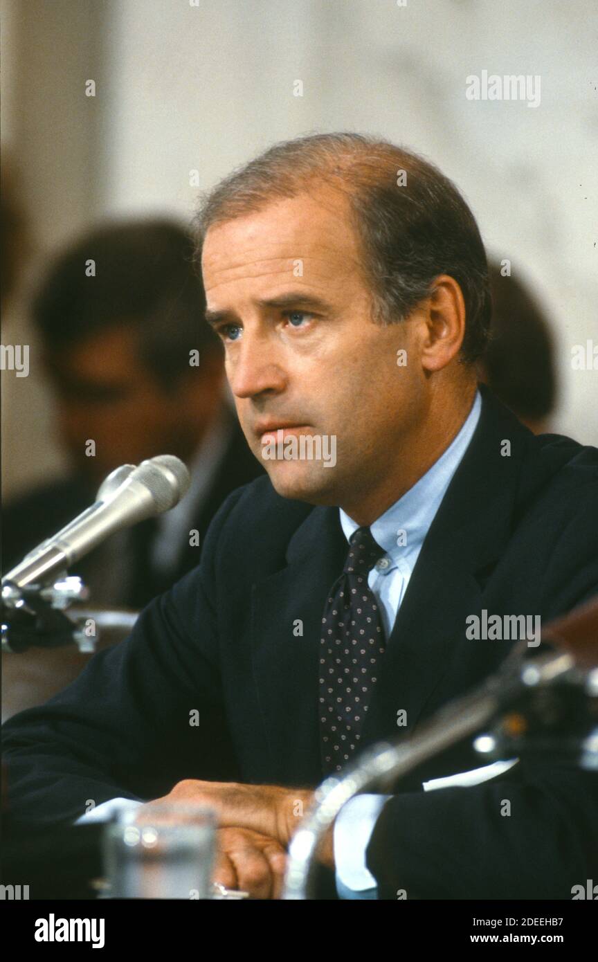 United States Senator Joseph Biden (Democrat of Delaware), Chairman, US Senate Judiciary Committee, questions Judge Robert Bork, US President Ronald Reagan’s nominee to replace retiring Associate Justice of the US Supreme Court Lewis Powell, during the hearing to confirm Bork in the US Senate Caucus Room in Washington, DC on September 18, 1987.  President Reagan named Bork on on July 1, 1987.Credit: Ron Sachs / CNP /MediaPunch Stock Photo