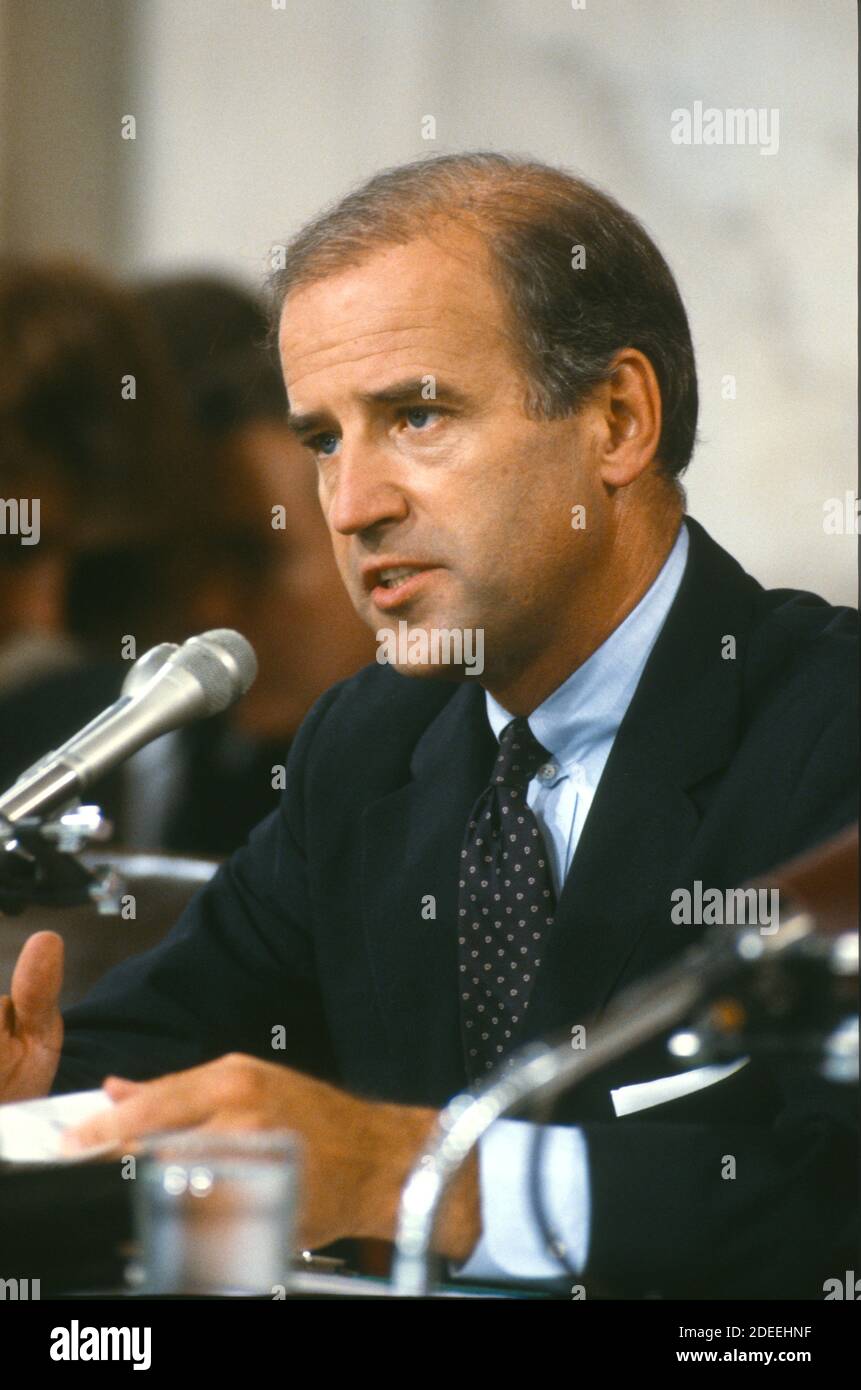 United States Senator Joseph Biden (Democrat of Delaware), Chairman, US Senate Judiciary Committee, questions Judge Robert Bork, US President Ronald Reagan’s nominee to replace retiring Associate Justice of the US Supreme Court Lewis Powell, during the hearing to confirm Bork in the US Senate Caucus Room in Washington, DC on September 18, 1987.  President Reagan named Bork on on July 1, 1987.Credit: Ron Sachs / CNP /MediaPunch Stock Photo