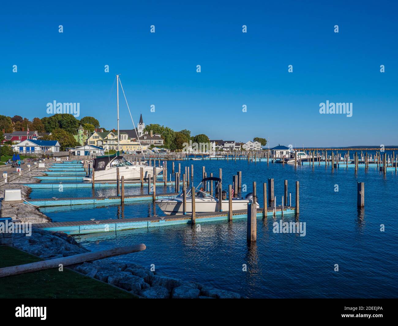 Boat slips beside Main Street, Mackinac Island, Michigan Stock Photo