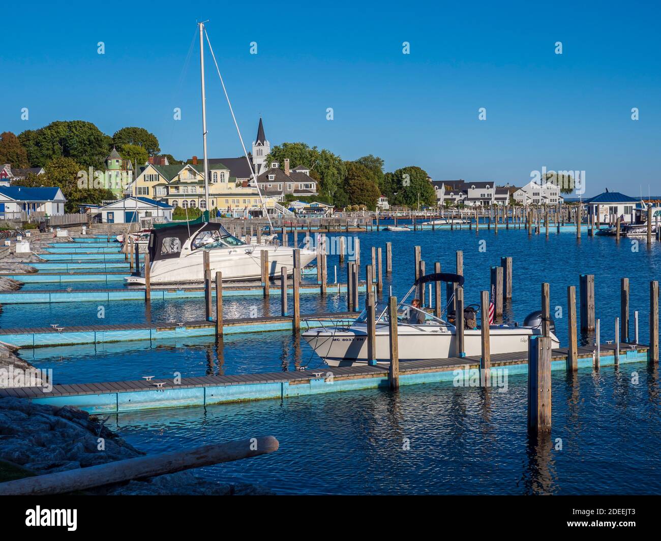 Boat slips beside Main Street, Mackinac Island, Michigan Stock Photo