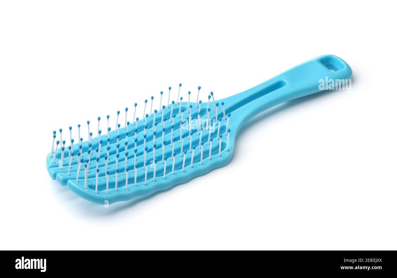 Blue plastic hairbrush isolated on white Stock Photo - Alamy