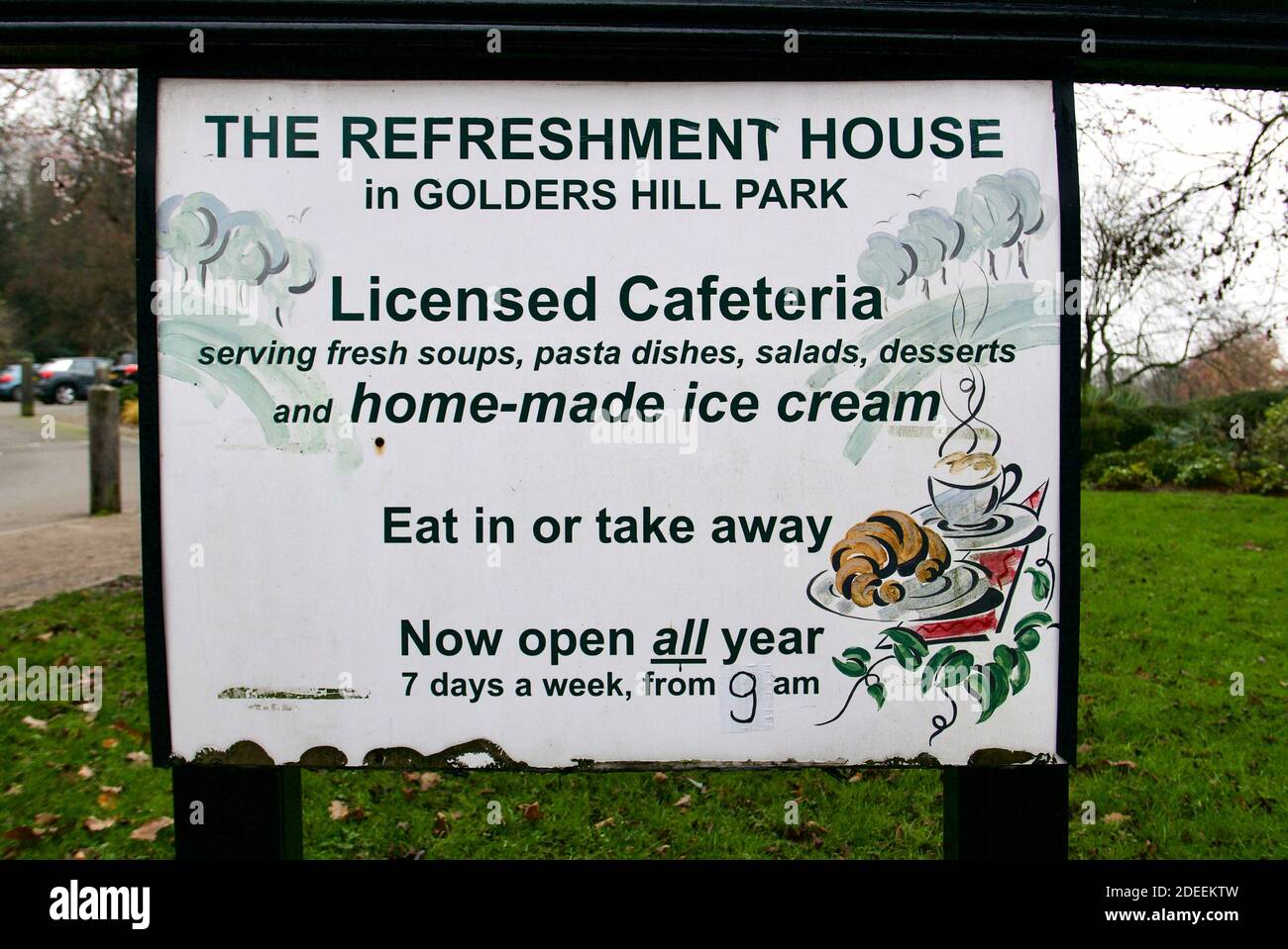 The Refreshment House sign in Golders Hill Park, Hampstead Heath, Golders Green, London advertising licensed cafeteria and home made ice cream. Stock Photo
