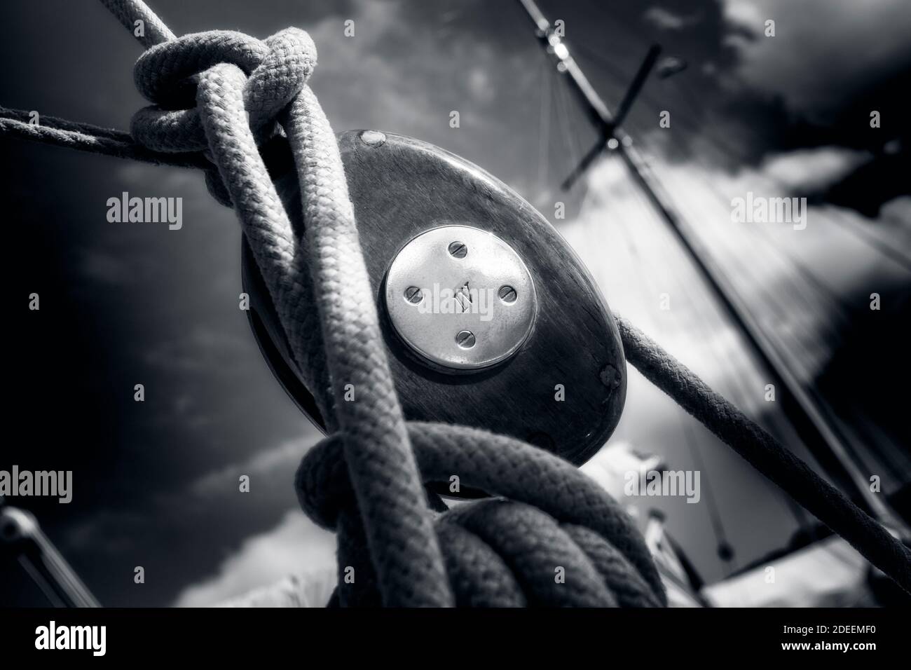 An old wooden pulley from a classic boat Stock Photo