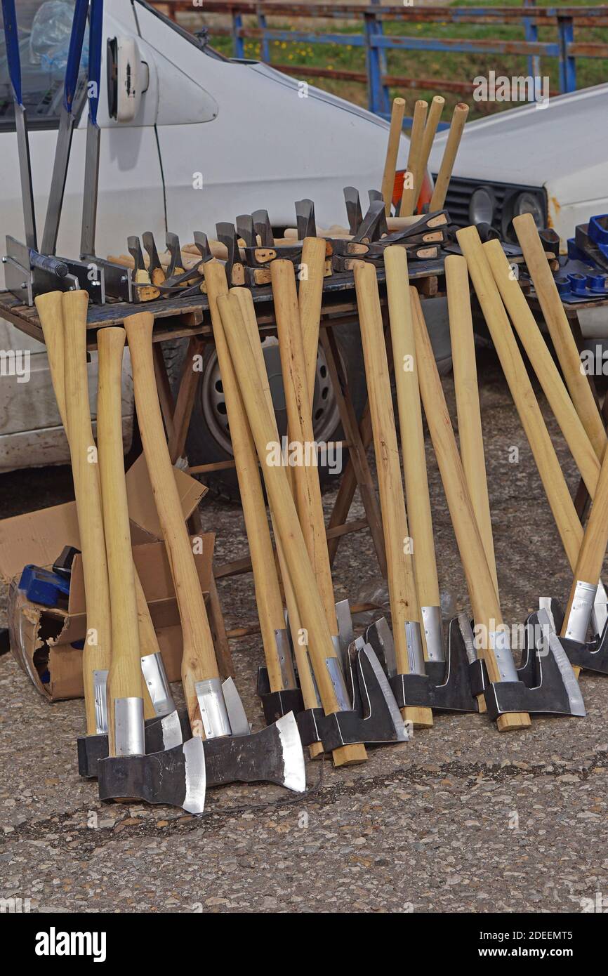 Many new axes and hatchets for sale at open market Stock Photo Alamy