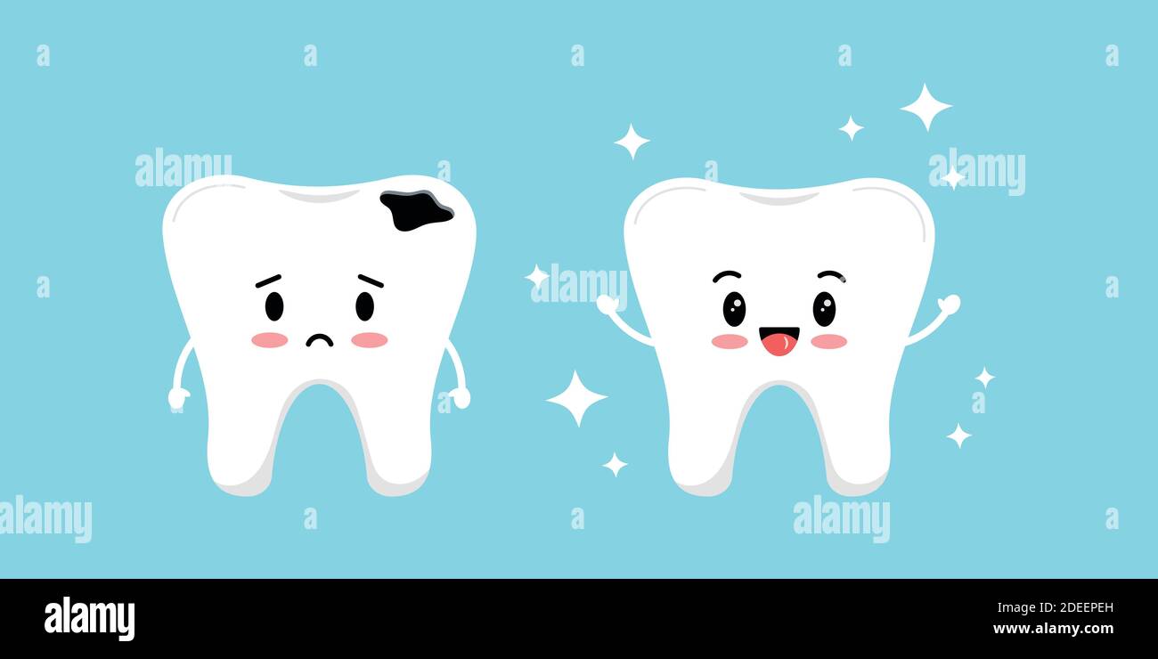 Cute white tooth and sad tooth with decay before after icon set. Stock Vector