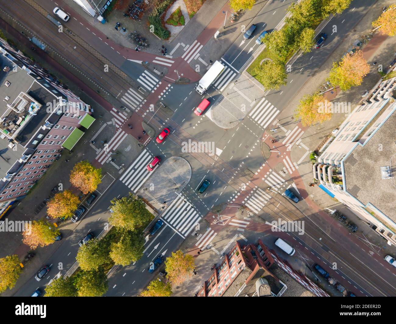 Crossroad crossing aerial view in Amsterdam traffic intersection in ...