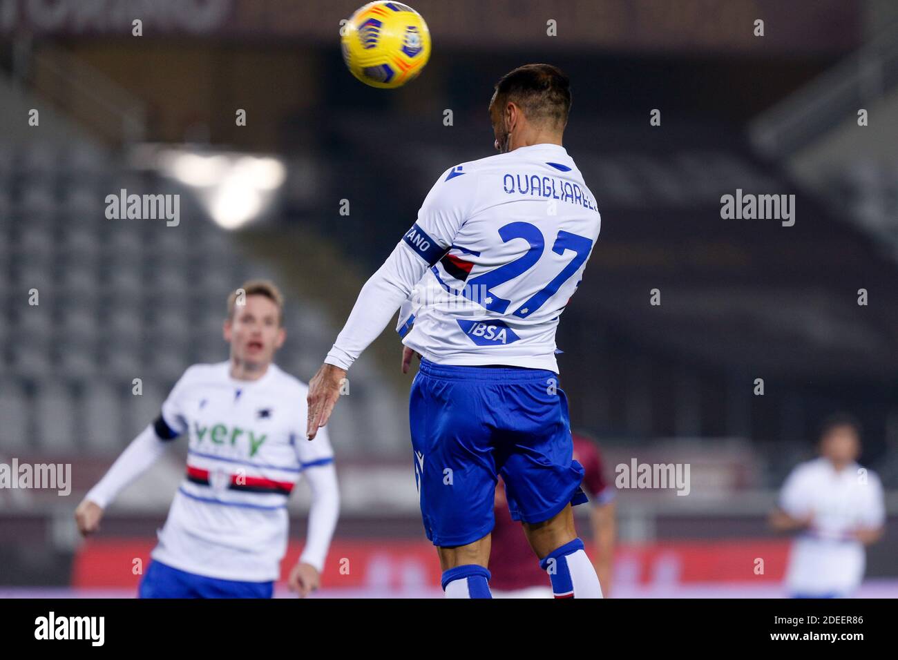 Olimpico Grande Torino stadium, Turin, Italy, 30 Nov 2020, Fabio Quagliarella (UC Sampdoria) header during Torino FC vs UC Sampdoria, Italian football Serie A match - Photo Francesco Scaccianoce / LM Stock Photo