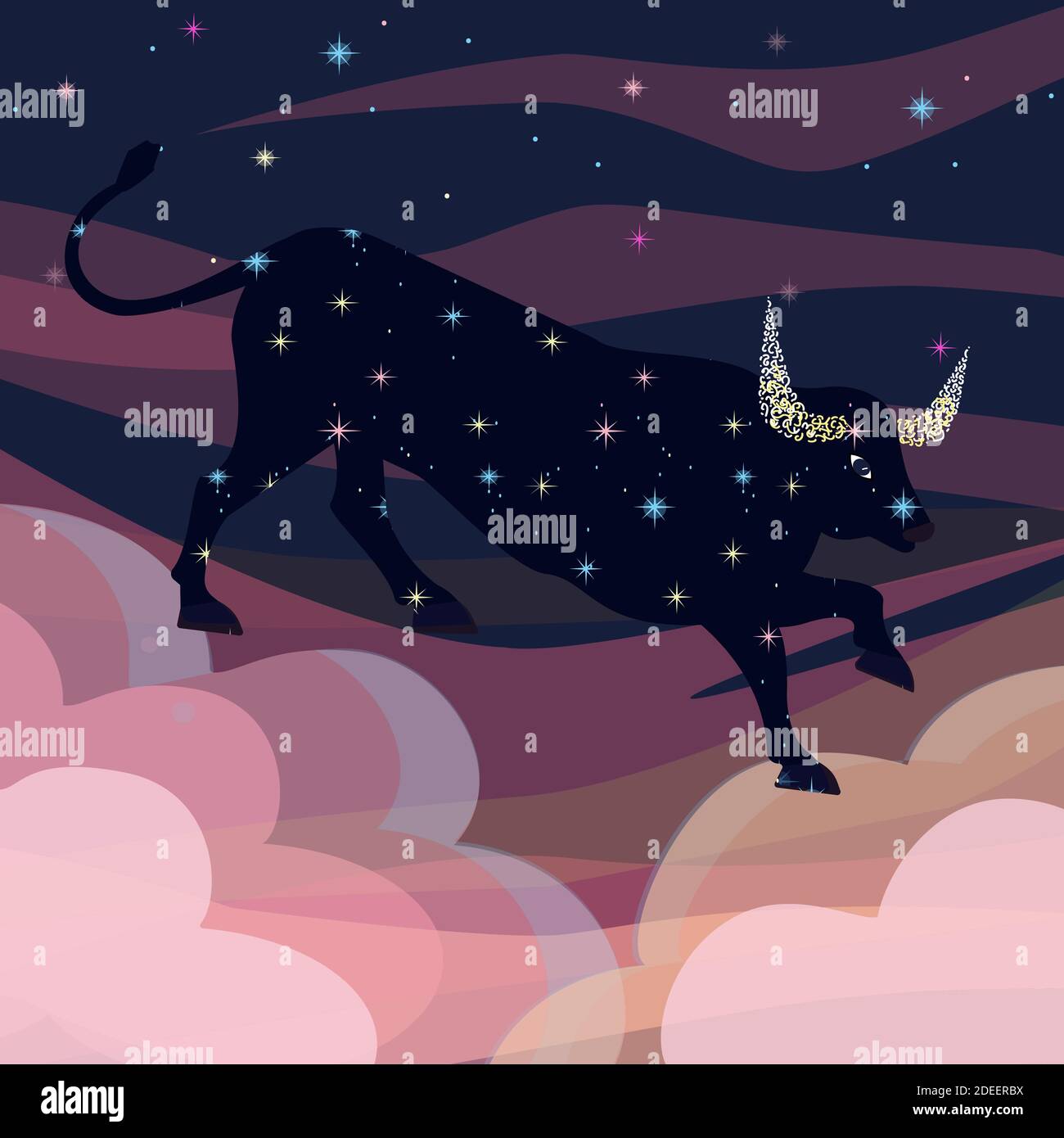 Bull Happy now yer 2001.Zodiac Ox. Chinese new year 2021 year of the ox. Starry sky. Stock Vector