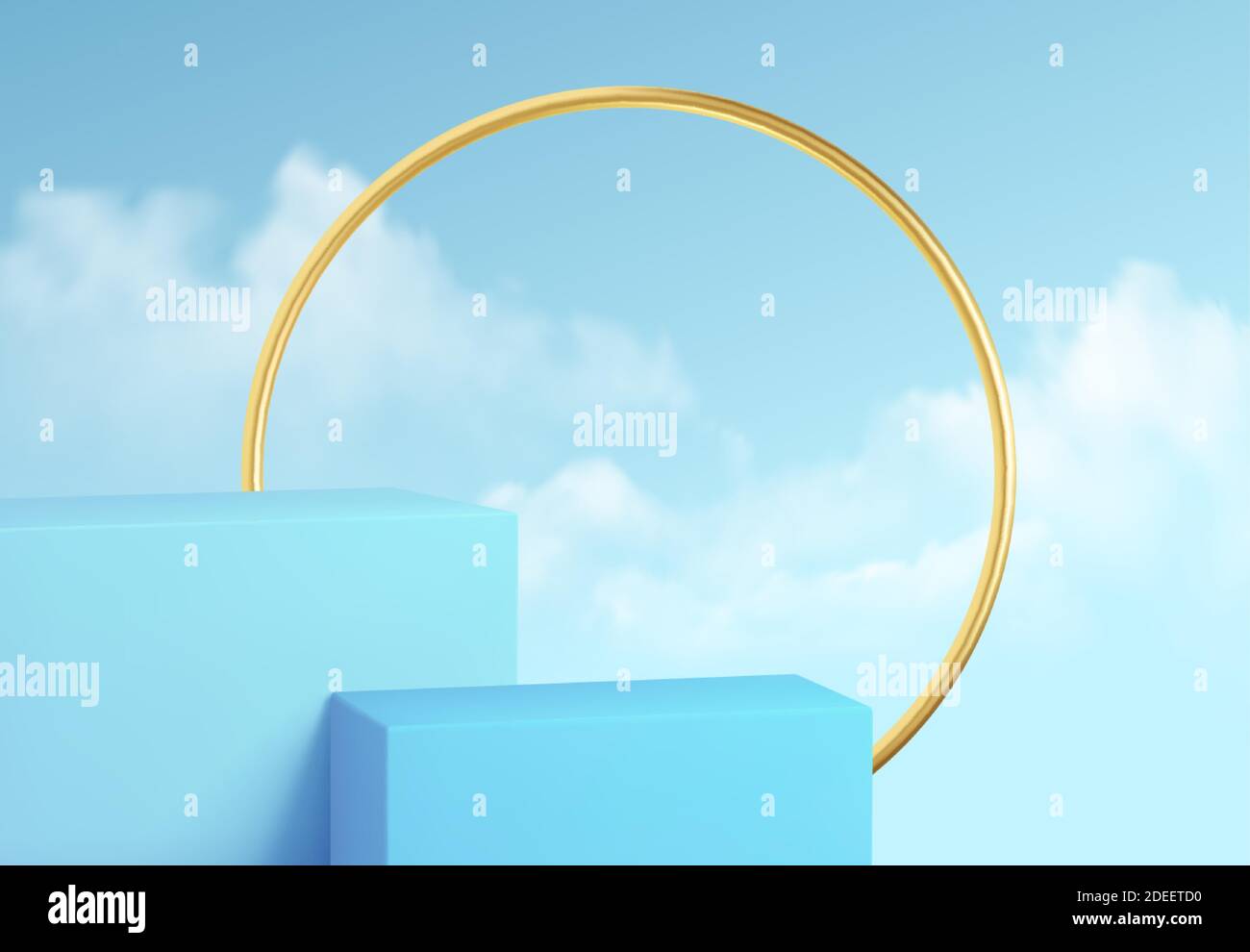 Blue product podium showcase on the background of clear sky with clouds and gold decoration. Podium show cosmetic product 3d realistic Vector Stock Vector