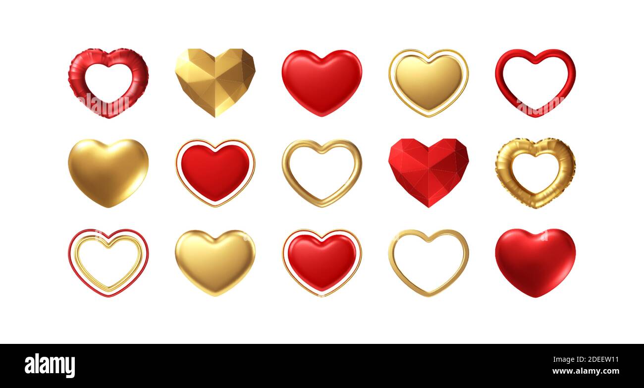Big Valentines Day Set of different realistic gold, red hearts isolated on white background. Happy Valentines Day elements for design poster, postcard Stock Vector