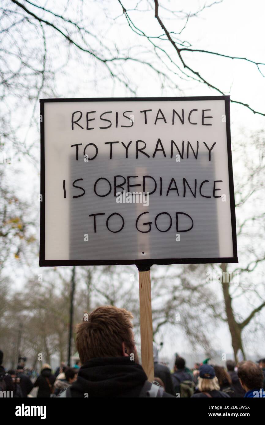 Anti-lockdown protest, Hyde Park, London, 28 November 2020. Detail of a protester's placard. Stock Photo