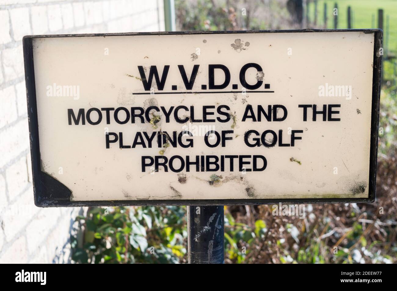 Notice Motorcycles and playing of golf prohibited, Stanhope, Co. Durham, England, UK Stock Photo