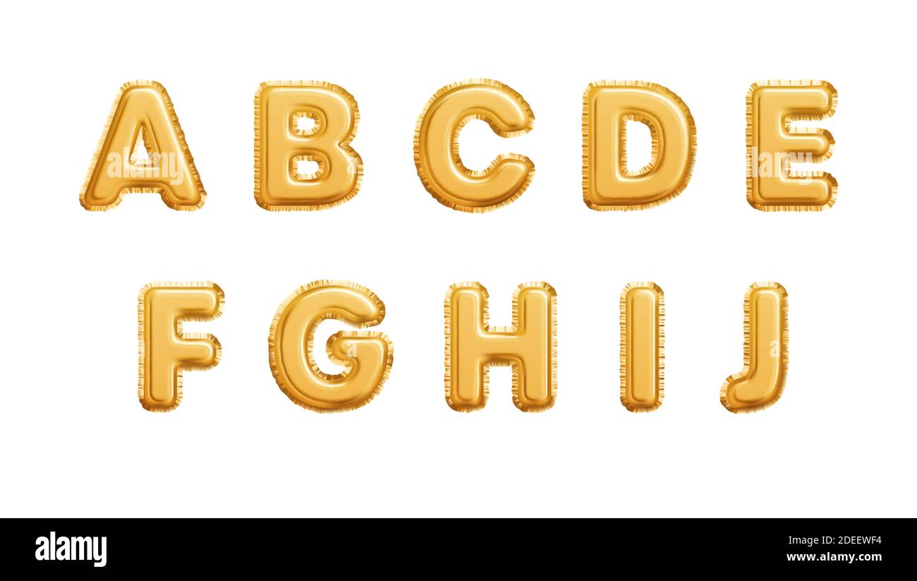 Realistic golden balloons alphabet isolated on white background. A B C D E F G H I J letters of the alphabet. Vector illustration Stock Vector