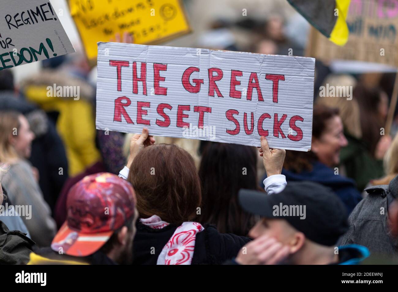 Anti-lockdown protest, London, 28 November 2020. Detail of a protest placard. Stock Photo