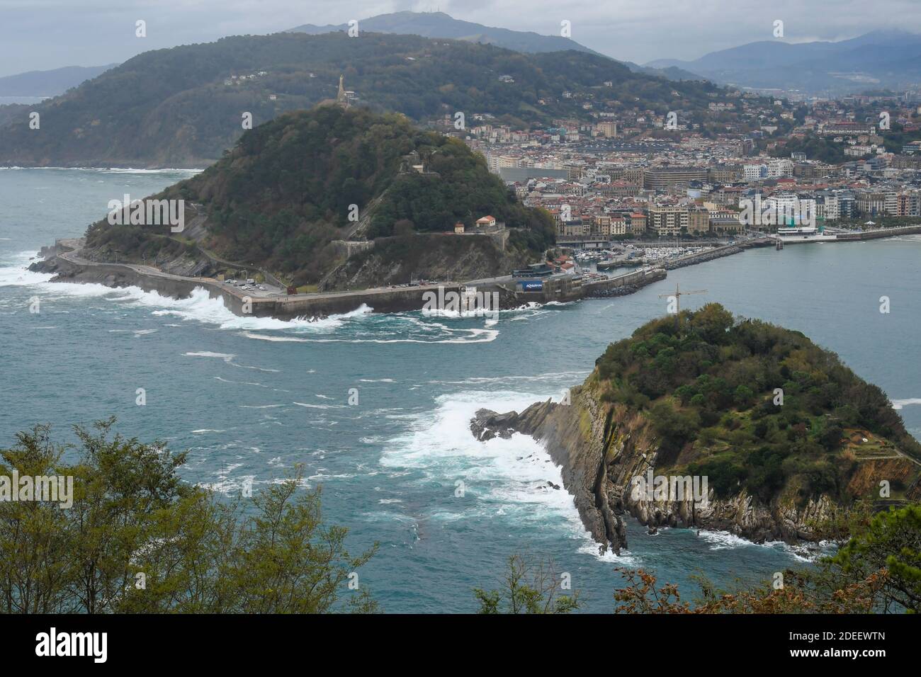 View of San Sebastián from Igeldo with big waves Stock Photo