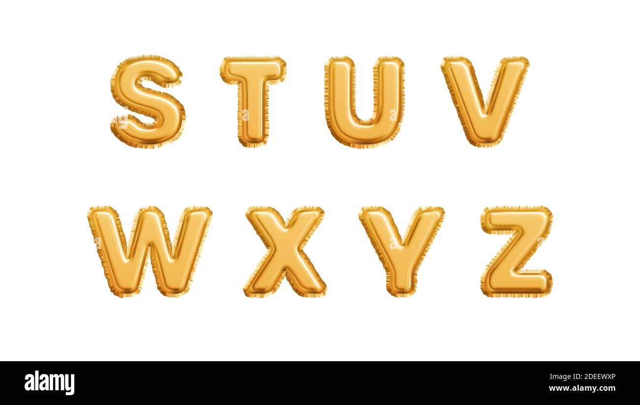 Realistic golden balloons alphabet isolated on white background. S T U V W X Y Z letters of the alphabet. Vector illustration Stock Vector