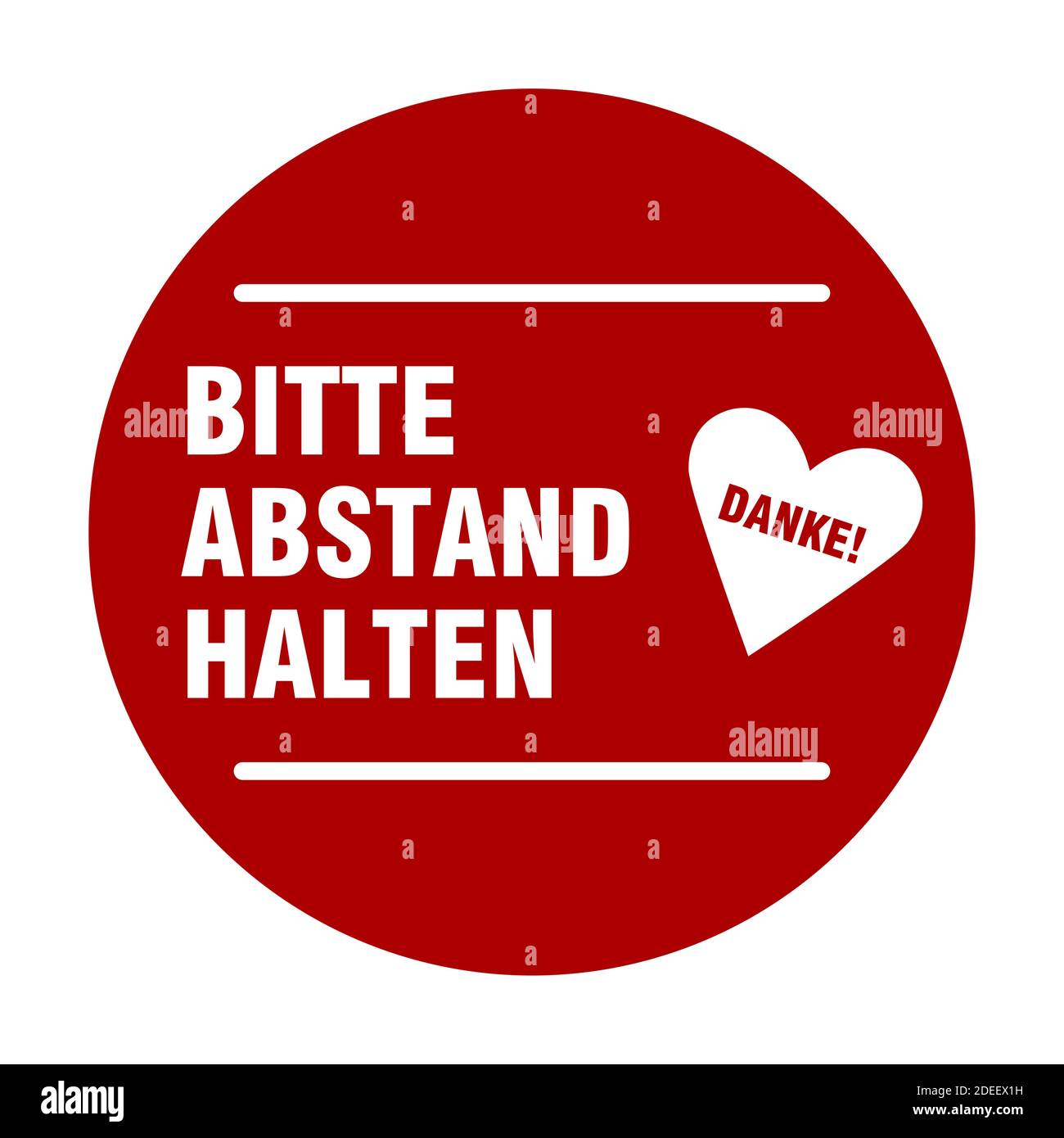 Bitte Abstand Halten Danke ('Please Keep Distance Thank You' in German) Round Social Distancing Icon for Queue Line with Heart Symbol. Vector Image. Stock Vector