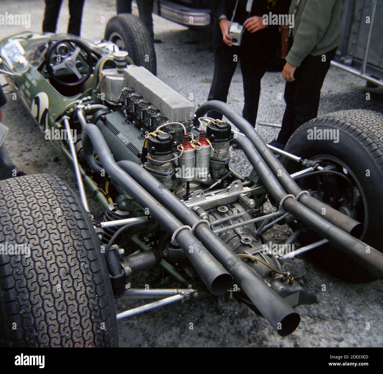 Cooper-Ferrari F1 car in the paddock at Brands Hatch Practice for the 1966 British Grand Prix, 15th July. Driver Chris Lawrence completed 73/80 laps Stock Photo
