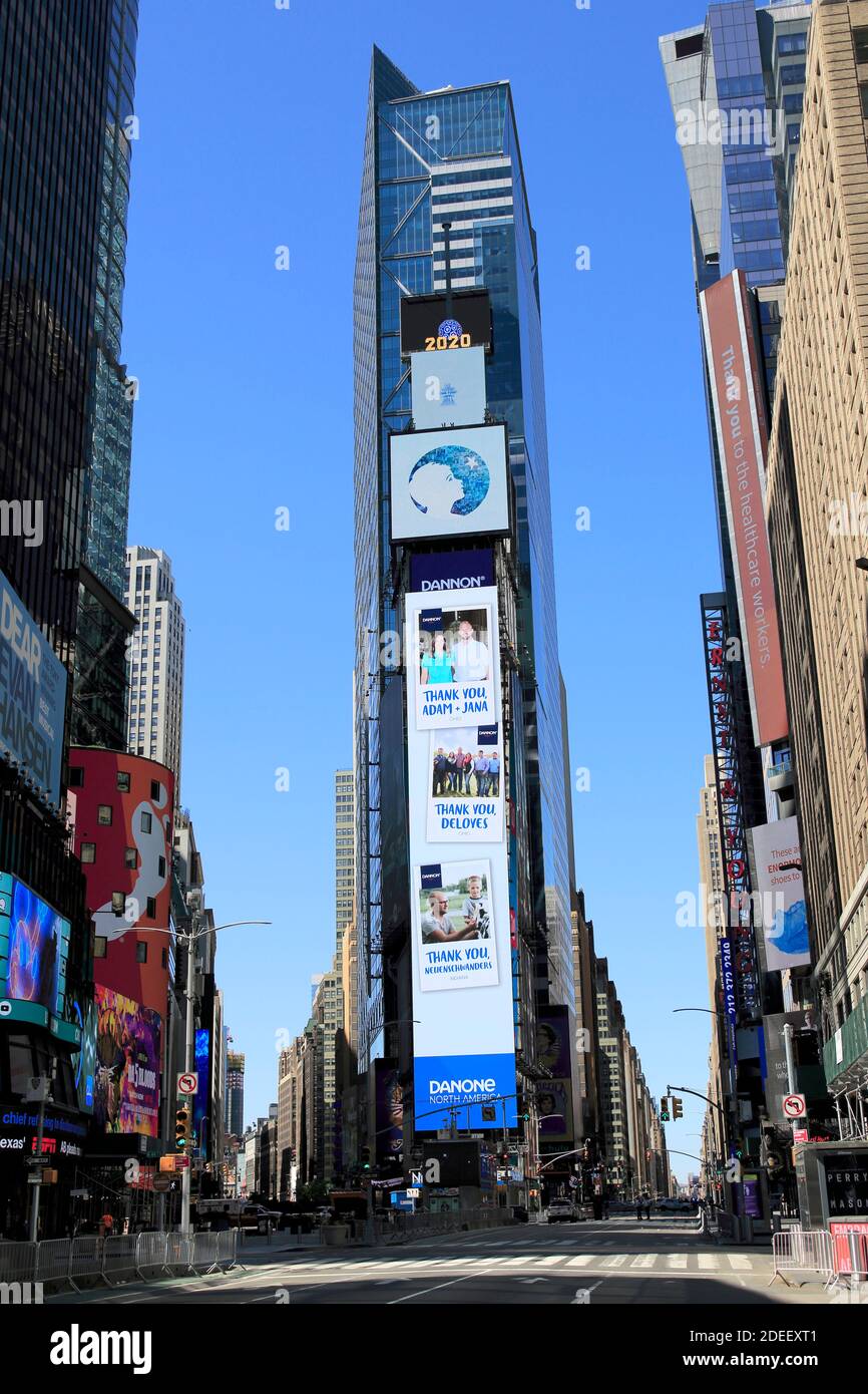 Billboards thanking essential workers in empty Times Square during coronavirus pandemic, New York City, June, 2020 Stock Photo